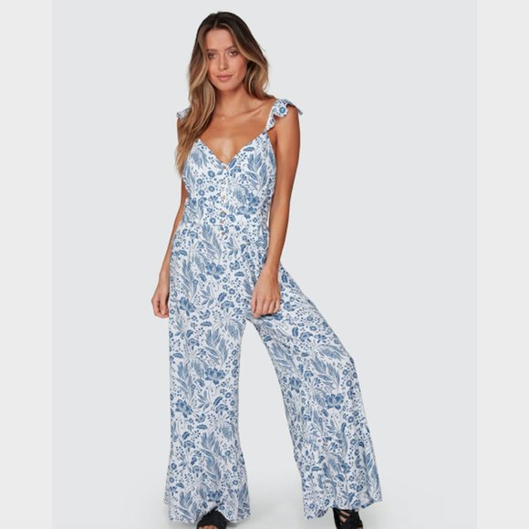 SOLD Tigerlily Blue Floral Print Cameli Jumpsuit Size 10 Wide Leg Sleeveless - Picture 4 of 13